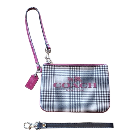 Coach Peyton Burgundy Black White Glen Plaid Coated Canvas Wristlet - Picture 1 of 14